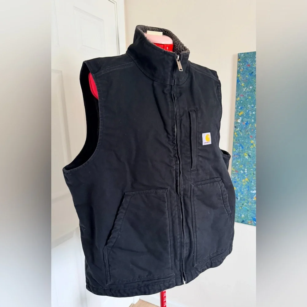 Carhartt Men Washed Duck Sherpa Lined Work Vest Mock Neck Size L